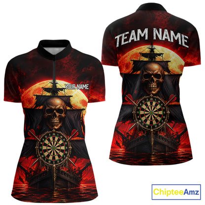 Custom Pirate Skull Darts Polo 1/4-Zip Shirt Red Moon & Ghost Ship Darts Team Apparel For Women NYN5103