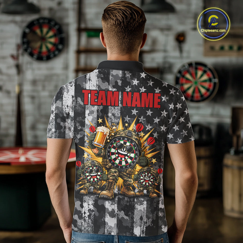 Custom Funny Men Darts Beer Camo Polo 1/4-Zip Jersey Funny Military Veteran Darts Tournament Apparel NYN5105