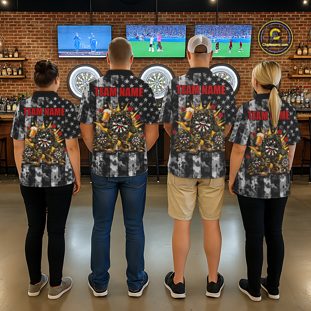 Custom Funny Men Darts Beer Camo Polo 1/4-Zip Jersey Funny Military Veteran Darts Tournament Apparel NYN5105
