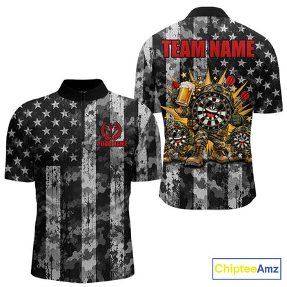 Custom Funny Men Darts Beer Camo Polo 1/4-Zip Jersey Funny Military Veteran Darts Tournament Apparel NYN5105