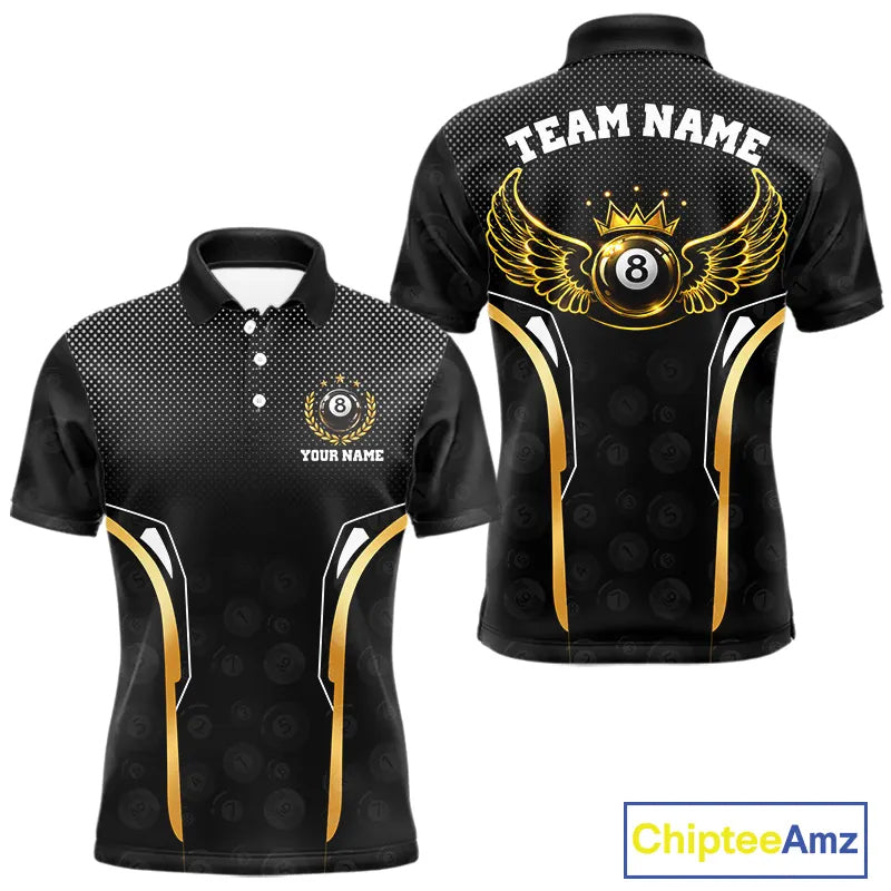 Black & Gold 8 Ball Crown Men's Billiard Polo & 1/4 Zip Shirt Custom Pool Billiard Jerseys NYN2346