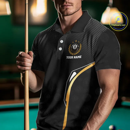 Black & Gold 8 Ball Crown Men's Billiard Polo & 1/4 Zip Shirt Custom Pool Billiard Jerseys NYN2346