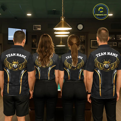Black & Gold 8 Ball Crown Men's Billiard Polo & 1/4 Zip Shirt Custom Pool Billiard Jerseys NYN2346