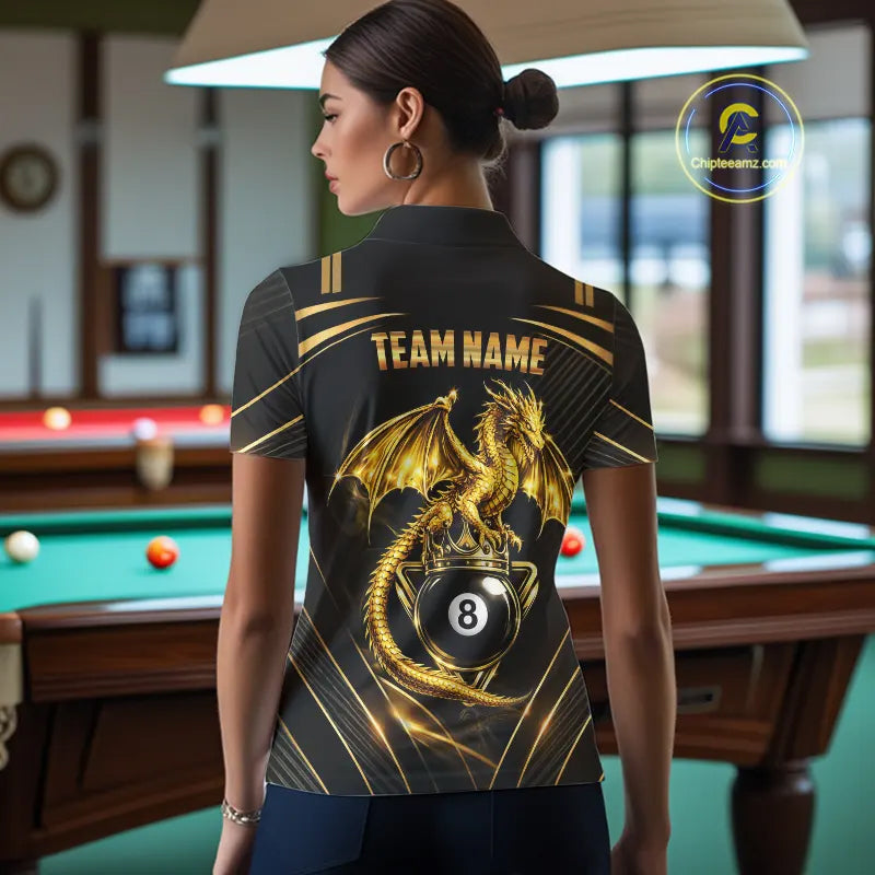 Black & Gold 8 Ball Crown Women's Billiard Team Shirt Custom Dragon Pool Billiard Jerseys NYN2348