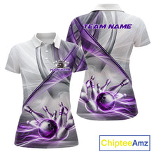Load image into Gallery viewer, Women's bowling polo featuring white and purple smoke with realistic bowling ball and pins, personalized performance bowling shirt for league bowlers, USBC tournaments, bowling clubs and custom team uniforms, symbolizing focus, creativity and competitive excellence.