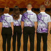 Load image into Gallery viewer, Men women bowling team wearing matching white and purple smoke bowling jerseys for league nights, USBC tournaments and championship events, custom team apparel representing unity, precision, friendship and winning spirit.