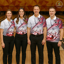 Load image into Gallery viewer, Men women bowling team wearing matching white and red smoke jerseys during league championships, personalized bowling uniforms representing teamwork, passion, excellence and championship ambition.