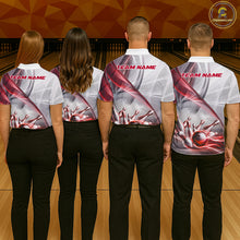 Load image into Gallery viewer, Men women bowling team wearing matching white and red smoke jerseys during league championships, personalized bowling uniforms representing teamwork, passion, excellence and championship ambition.