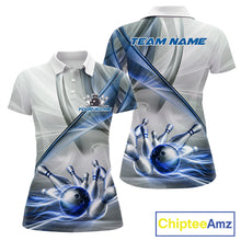Load image into Gallery viewer, Women's bowling polo featuring white and blue smoke with realistic bowling ball and pins, personalized bowling shirt for USBC leagues, bowling clubs, tournaments and custom team apparel, symbolizing trust, precision and teamwork.
