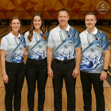 Load image into Gallery viewer, Men women bowling team wearing matching white and blue smoke bowling jerseys during tournaments and league play, representing teamwork, precision, sportsmanship and championship success.