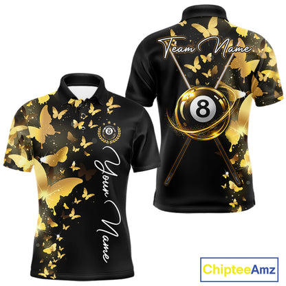 Men's billiard polo featuring funny butterfly, yellow lightning and glowing 8 ball graphics, personalized performance pool apparel for APA leagues, BCA tournaments, butterfly lovers, fantasy art enthusiasts and custom team uniforms, symbolizing transformation, optimism and victory.