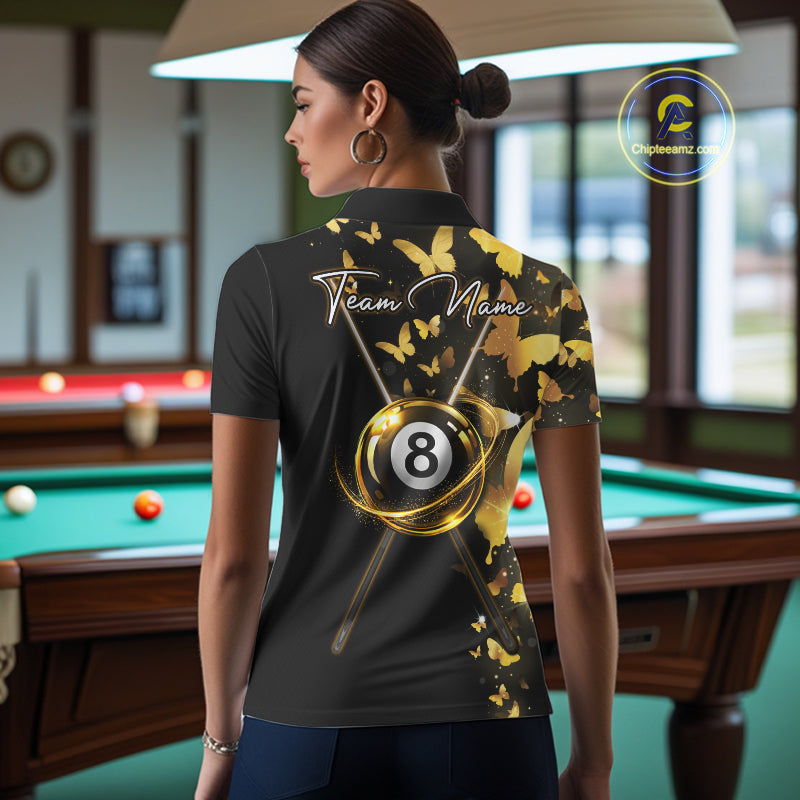 Female billiard player wearing funny butterfly yellow lightning billiard jersey during tournament competition, premium sports apparel for competitive athletes, nature lovers and artistic sportswear enthusiasts, symbolizing confidence, personal growth and winning mindset.