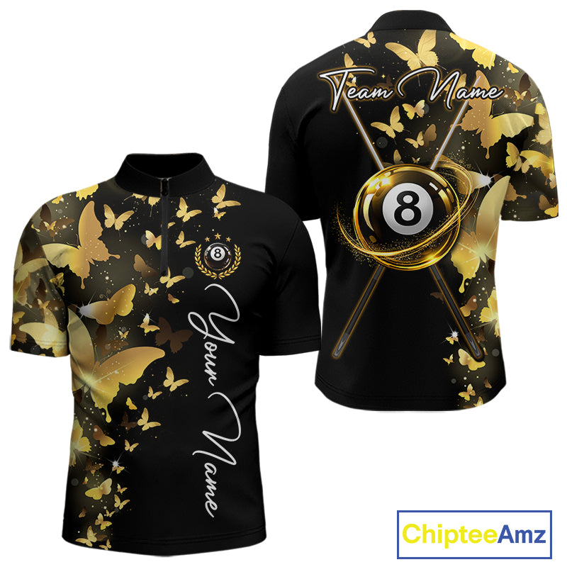 Men's quarter-zip billiard jersey featuring yellow lightning, butterfly artwork and realistic 8 ball graphics, moisture-wicking tournament apparel for competitive pool players, APA teams and championship leagues, representing focus, energy and precision.