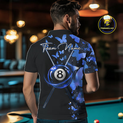 Male billiard player wearing blue lightning butterfly jersey during championship tournament, premium athletic apparel for artistic competitors, nature enthusiasts and league champions, symbolizing determination, confidence and competitive success.