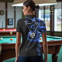 Load image into Gallery viewer, Female billiard player wearing blue lightning butterfly jersey during billiard tournament, premium sports apparel for artistic competitors, nature enthusiasts and league champions, symbolizing calm confidence, determination and elite performance.
