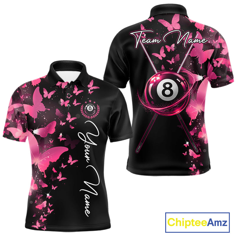 Men's billiard polo featuring funny butterfly, pink lightning and glowing 8 ball graphics, personalized performance apparel for pool leagues, butterfly lovers, creative athletes and team uniforms, symbolizing confidence, creativity and transformation.