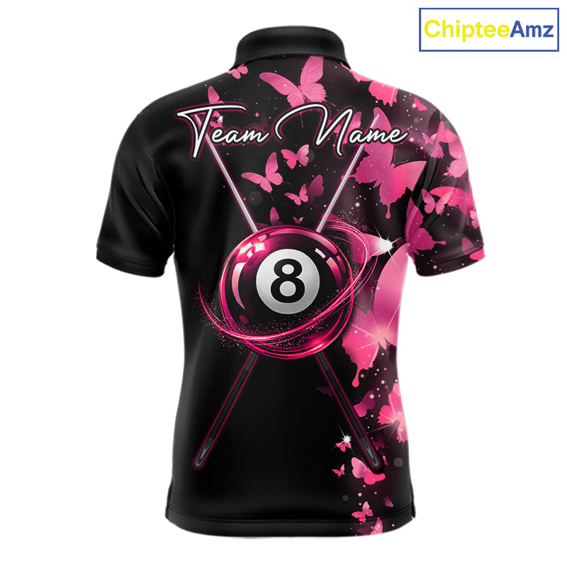Men's billiard polo featuring funny butterfly, pink lightning and glowing 8 ball graphics, personalized performance apparel for pool leagues, butterfly lovers, creative athletes and team uniforms, symbolizing confidence, creativity and transformation.