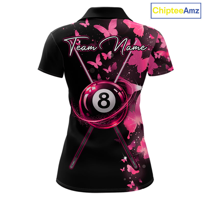 Women's billiard polo featuring funny butterfly, pink lightning and glowing 8 ball graphics, personalized performance apparel for women's pool leagues, butterfly lovers, creative athletes and custom billiard uniforms, symbolizing beauty, confidence and transformation.