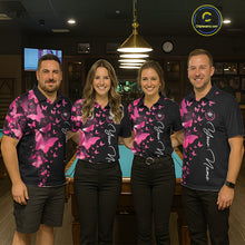 Load image into Gallery viewer, Men women billiard team wearing matching butterfly pink lightning jerseys during APA tournaments, representing teamwork, creativity, positivity, friendship and championship ambition.
