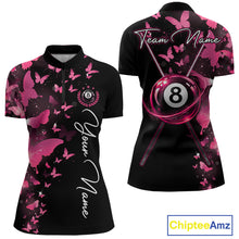 Load image into Gallery viewer, Women's quarter-zip billiard jersey featuring pink lightning, butterfly artwork and realistic 8 ball graphics, premium tournament apparel for APA leagues, billiard clubs and team championships, representing joy, creativity and competitive spirit.