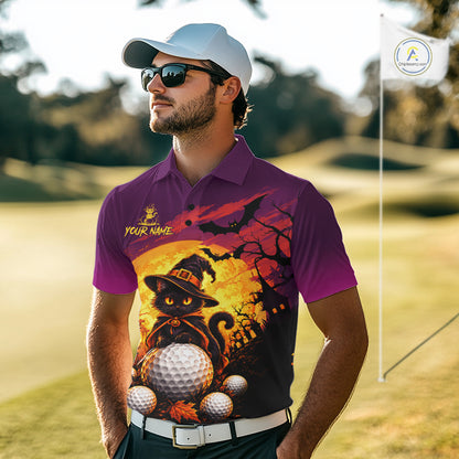 Halloween Black Cat Golf Polo Shirt For Men Custom Team Name Spooky Halloween Golf Apparel NYN4719