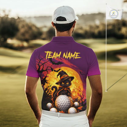Halloween Black Cat Golf Polo Shirt For Men Custom Team Name Spooky Halloween Golf Apparel NYN4719