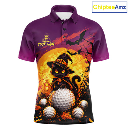 Halloween Black Cat Golf Polo Shirt For Men Custom Team Name Spooky Halloween Golf Apparel NYN4719