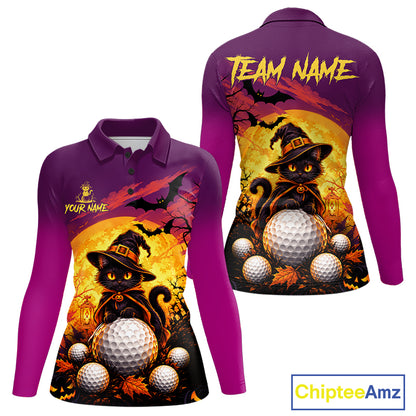 Halloween Black Cat Golf Polo Shirt For Women Custom Team Name Spooky Halloween Golf Apparel NYN4719