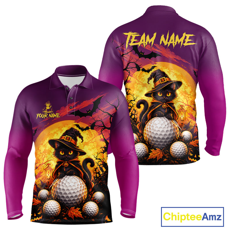 Halloween Black Cat Golf Polo Shirt For Men Custom Team Name Spooky Halloween Golf Apparel NYN4719