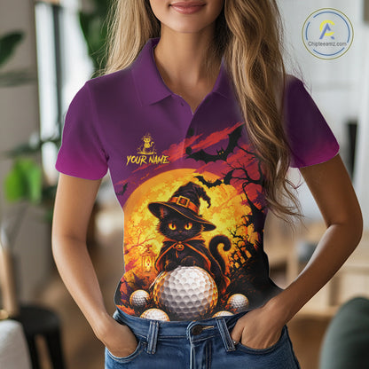 Halloween Black Cat Golf Polo Shirt For Women Custom Team Name Spooky Halloween Golf Apparel NYN4719