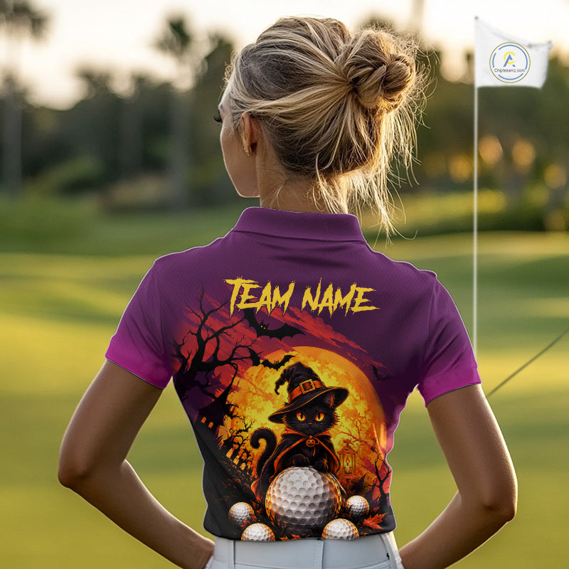 Halloween Black Cat Golf Polo Shirt For Women Custom Team Name Spooky Halloween Golf Apparel NYN4719