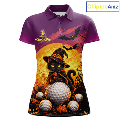 Halloween Black Cat Golf Polo Shirt For Women Custom Team Name Spooky Halloween Golf Apparel NYN4719