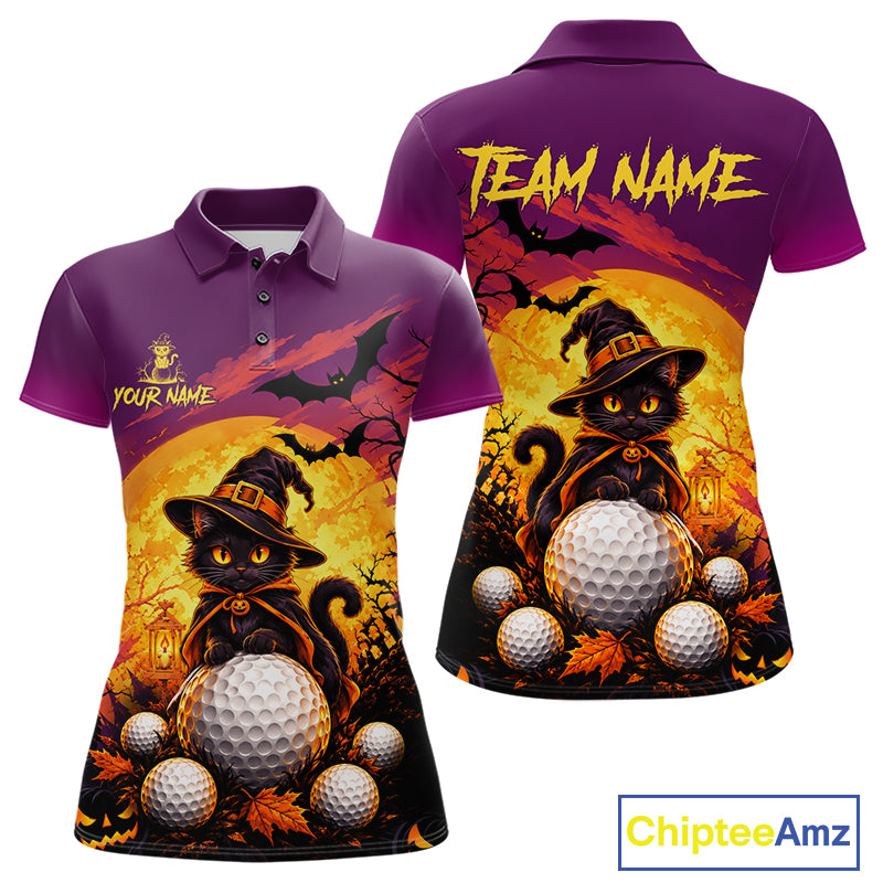 Halloween Black Cat Golf Polo Shirt For Women Custom Team Name Spooky Halloween Golf Apparel NYN4719
