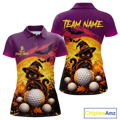 Halloween Black Cat Golf Polo Shirt For Women Custom Team Name Spooky Halloween Golf Apparel NYN4719