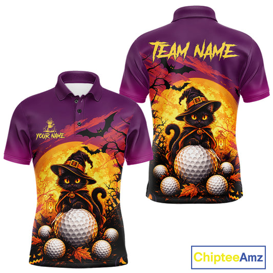 Halloween Black Cat Golf Polo Shirt For Men Custom Team Name Spooky Halloween Golf Apparel NYN4719