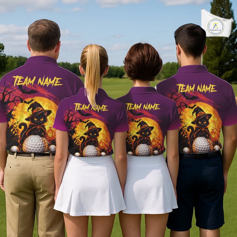 Halloween Black Cat Golf Polo Shirt For Men Custom Team Name Spooky Halloween Golf Apparel NYN4719