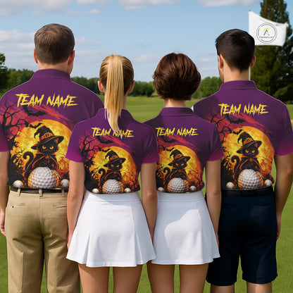 Halloween Black Cat Golf Polo Shirt For Men Custom Team Name Spooky Halloween Golf Apparel NYN4719