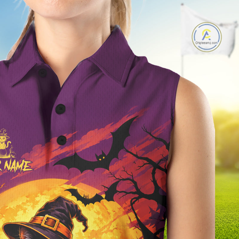 Halloween Black Cat Golf Sleeveless Polo Shirt For Women Custom Team Name Spooky Halloween Golf Apparel NYN4719