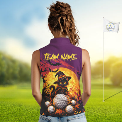 Halloween Black Cat Golf Sleeveless Polo Shirt For Women Custom Team Name Spooky Halloween Golf Apparel NYN4719
