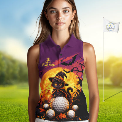 Halloween Black Cat Golf Sleeveless Polo Shirt For Women Custom Team Name Spooky Halloween Golf Apparel NYN4719