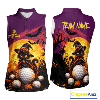 Halloween Black Cat Golf Sleeveless Polo Shirt For Women Custom Team Name Spooky Halloween Golf Apparel NYN4719