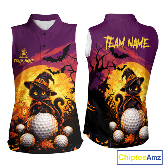 Halloween Black Cat Golf Sleeveless Polo Shirt For Women Custom Team Name Spooky Halloween Golf Apparel NYN4719