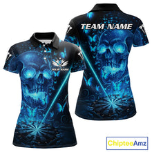 Load image into Gallery viewer, Lightning Blue Butterflies Skull Dartboard Custom Women Darts Polo Shirt Dart Jerseys NYN1848