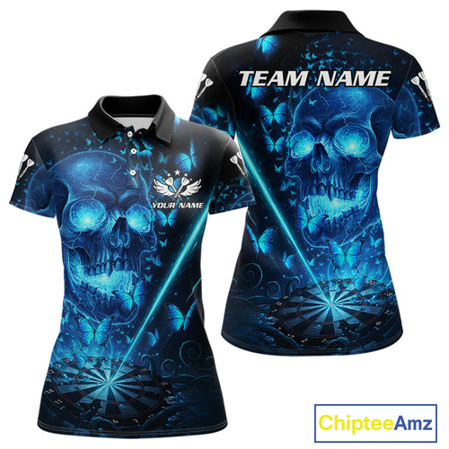 Lightning Blue Butterflies Skull Dartboard Custom Women Darts Polo Shirt Dart Jerseys NYN1848
