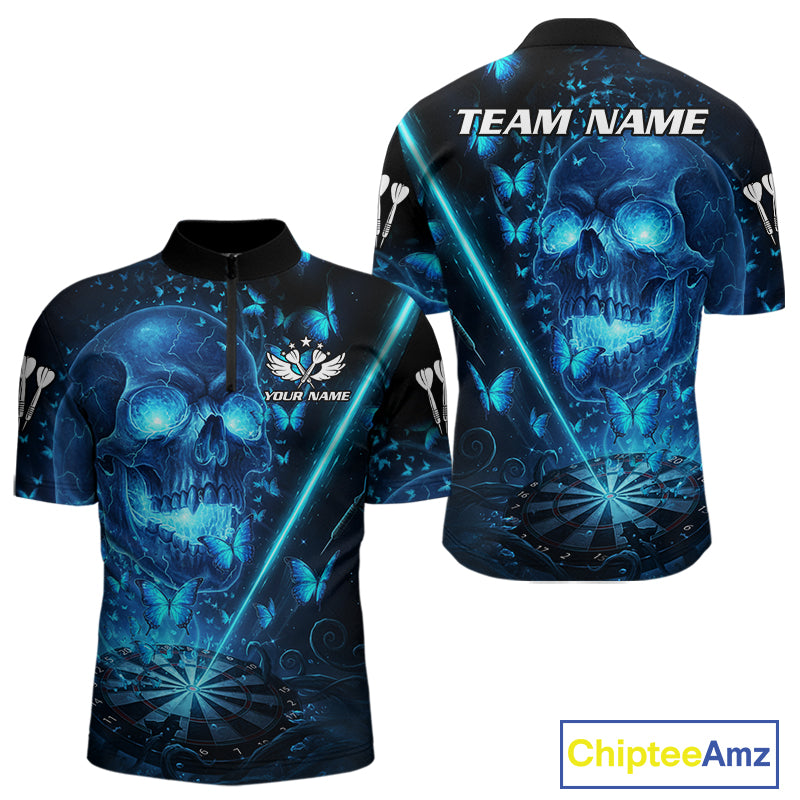 Lightning Blue Butterflies Skull Dartboard Custom Men Darts Quarter-Zip Shirt Dart Jerseys NYN1848