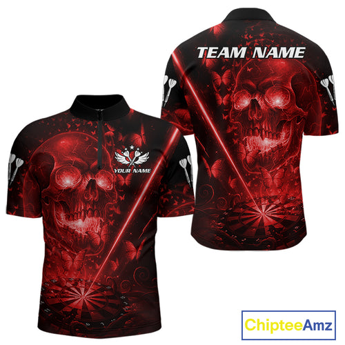 Lightning Red Butterflies Skull Dartboard Custom Men Darts Quarter-Zip Shirt Dart Jerseys NYN1849