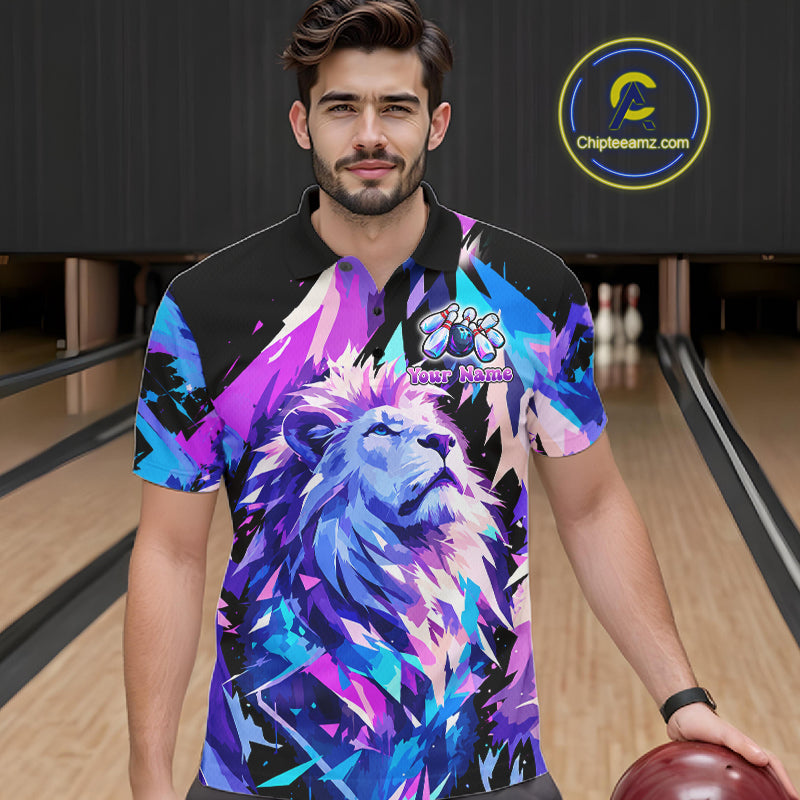 Custom Neon Blue Purple Lion Bowling Shirt For Men Lion Youth Bowler Bowling Team Jersey NYN5110