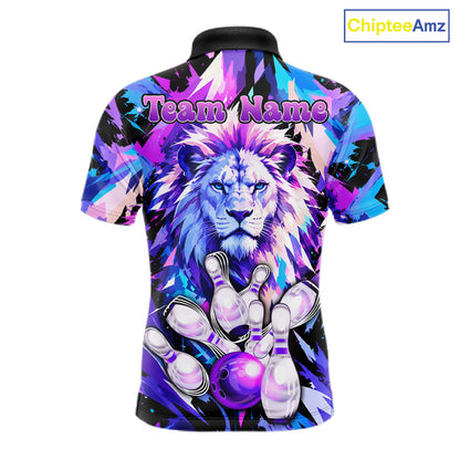 Custom Neon Blue Purple Lion Bowling Shirt For Men Lion Youth Bowler Bowling Team Jersey NYN5110