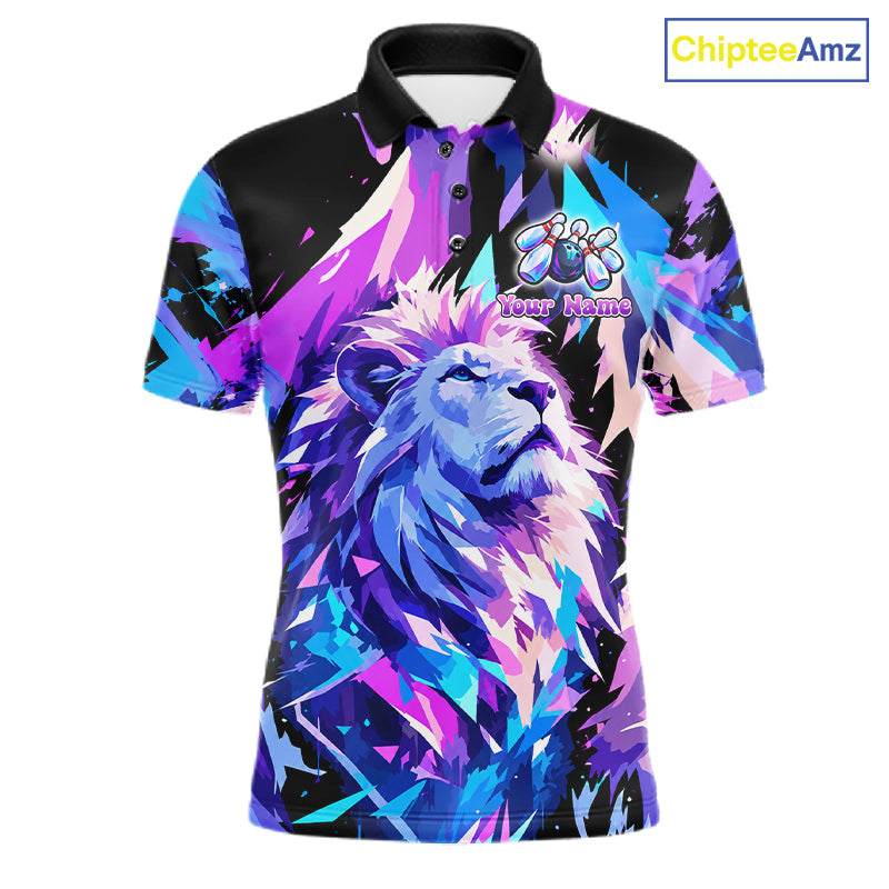 Custom Neon Blue Purple Lion Bowling Shirt For Men Lion Youth Bowler Bowling Team Jersey NYN5110