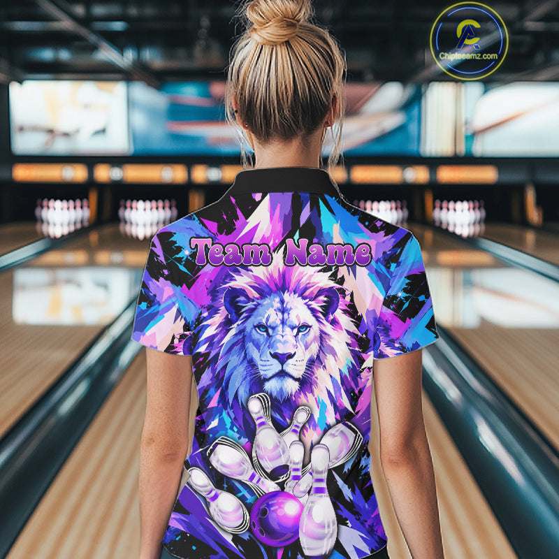 Custom Neon Blue Purple Lion Bowling Shirt For Women Lion Youth Bowler Bowling Team Jersey NYN5110